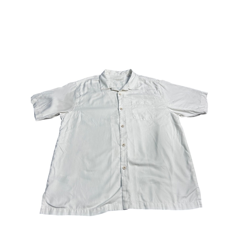 Tommy Bahama Original Fit Mens Silk Blend Short Sleeve Button Down Shirt Cream L